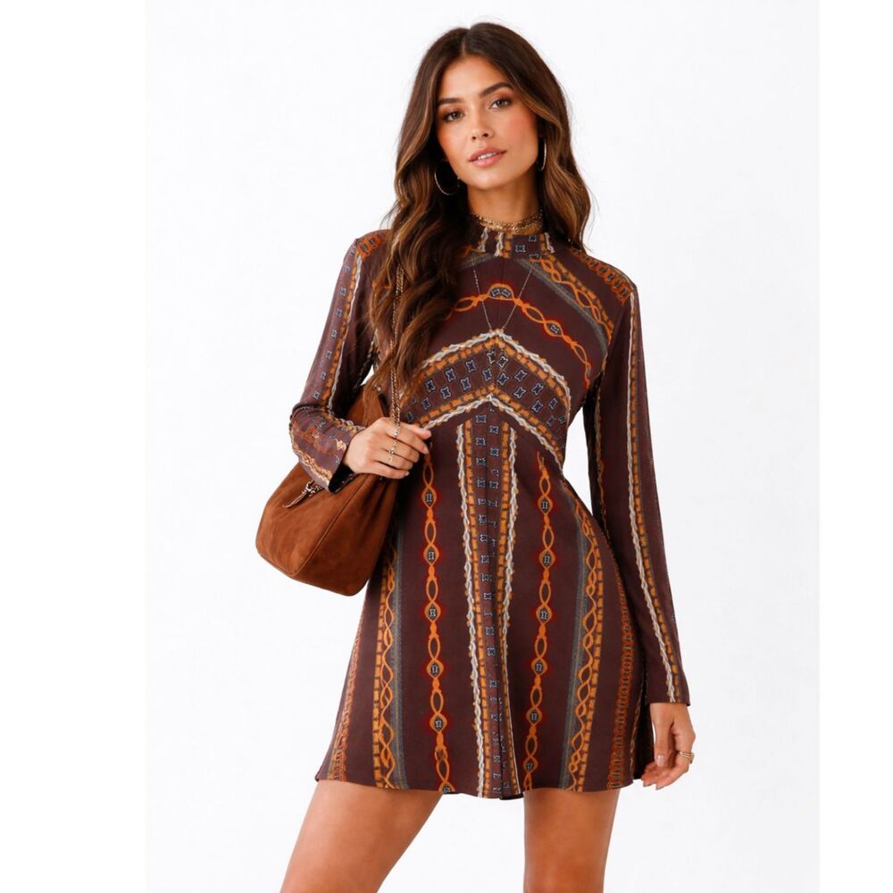 Free People Brown Patterned Long Sleeve Mini Dress - Picture 11 of 11